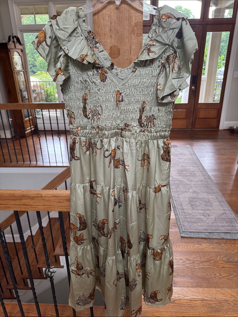 Umgee Olive Green Maxi Dress with Leopard Print smocked flutter sleeves - Picture 3 of 6